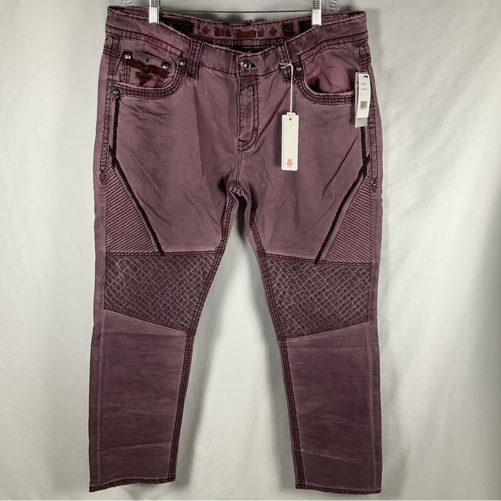 ROCK REVIVAL JEANS‎ Mens 42x32 Reid Biker Vintage Burgundy Embellish Pockets NWT